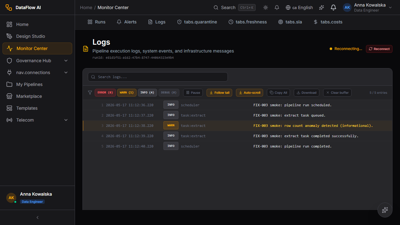The pipeline run log viewer