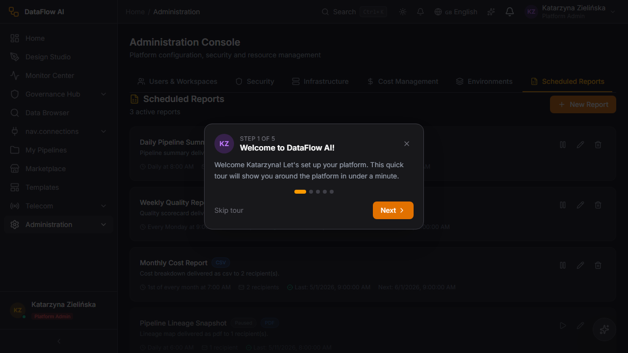 The scheduled reports view